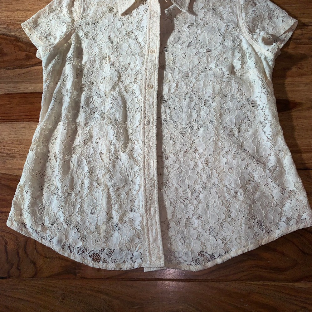 Boho Lace Floral Button Up Ivory Short Sleeve Collared Blouse Top Women's XL - Picture 5 of 8